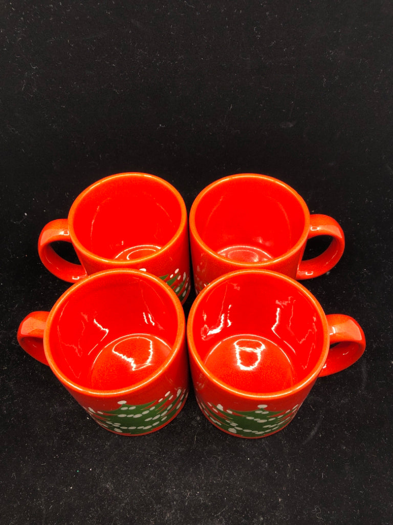 4 RED CERAMIC CHRISTMAS MUGS W TREE.