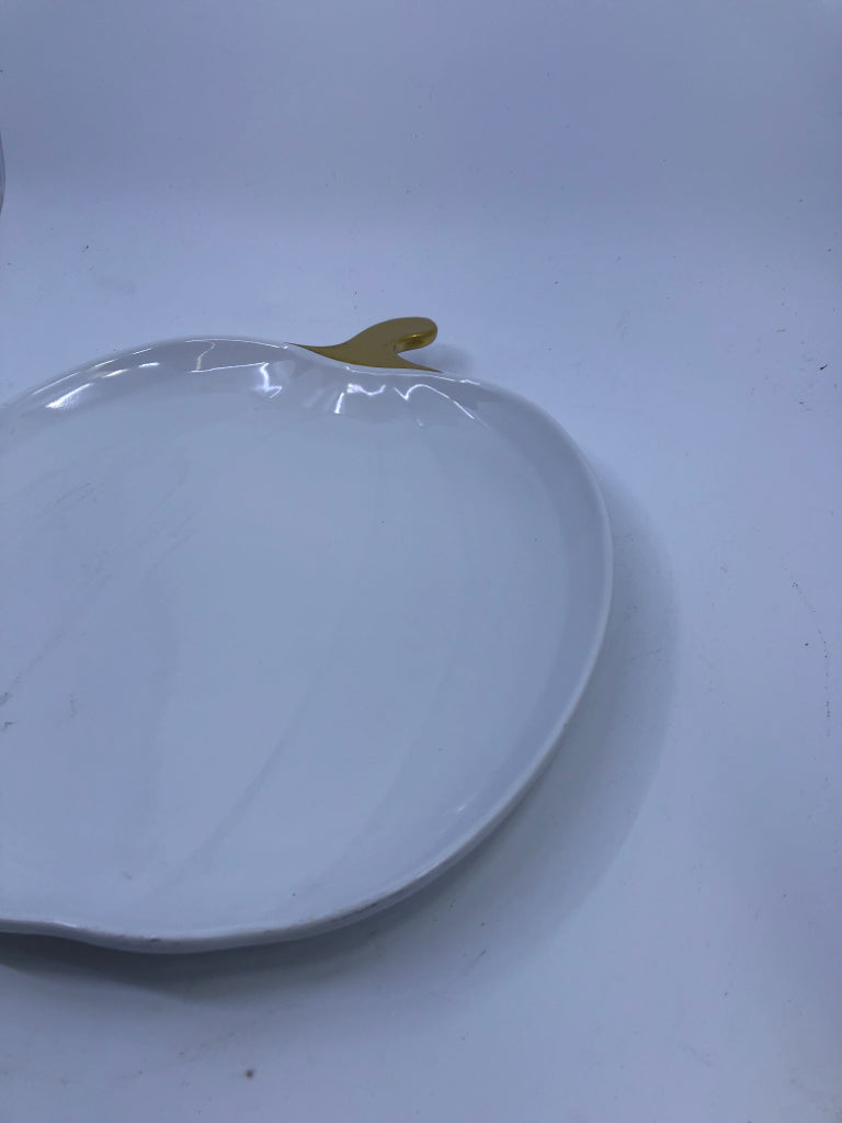 CERAMIC PUMPKIN SERVING PLATE, GOLD PAINTED STEM.