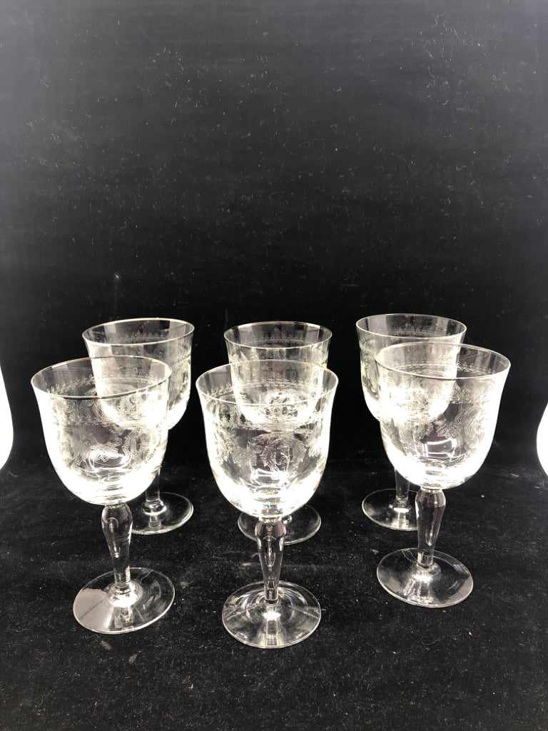 6 PRESSED GLASS WINE GLASSES W SILVER RIM.