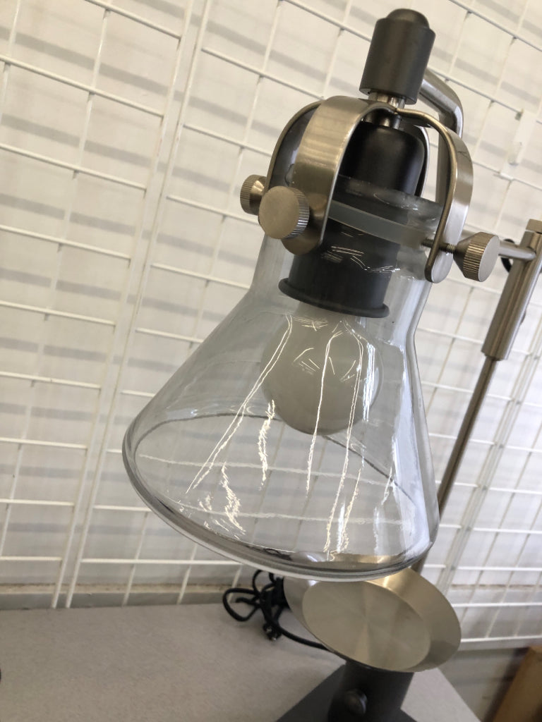 GREY LAMP W/SILVER TRINKET DISH&CLEAR SHADE.