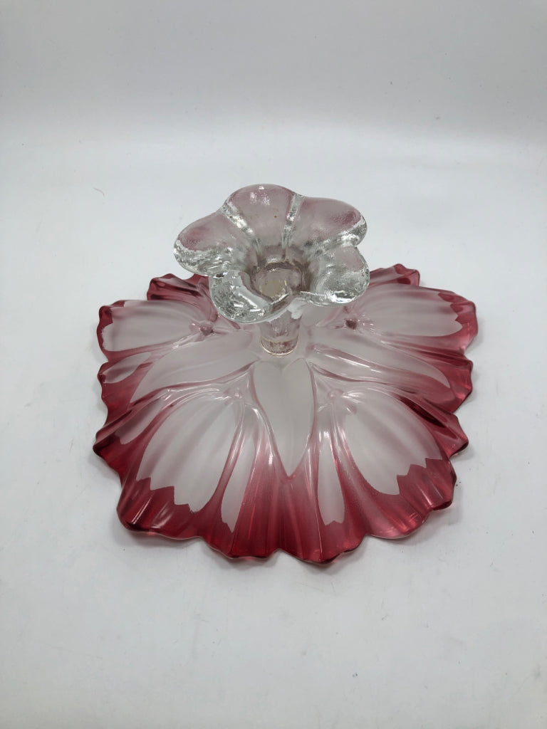 VTG CRANBERRY GLASS ROSE PEDESTAL BOWL.