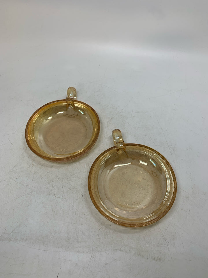 2 VTG SHALLOW PEACH IRIDESCENT GLASS BOWLS W/ HANDLES EMBOSSED LEAVES.
