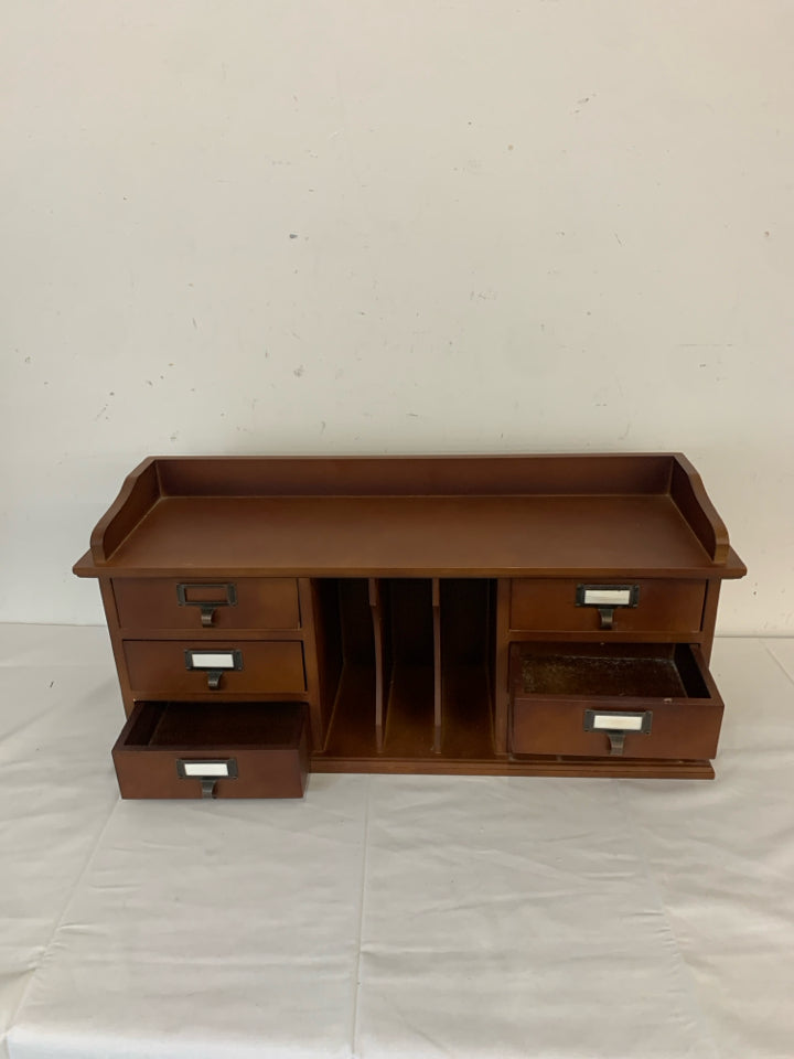 WOODEN DESK ORGANIZER WITH DRAWERS.