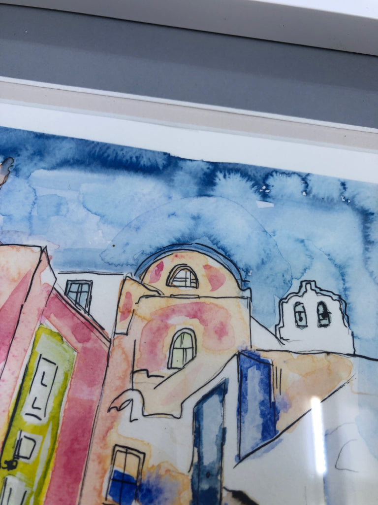 WATERCOLOR CITY SCAPE IN WHITE FRAME WALL DECOR.