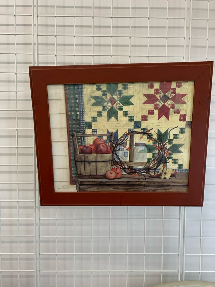 PRIMITIVE APPLES PRINT IN RED WOOD FRAME.