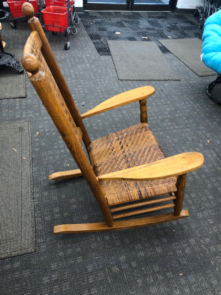 WOOD ROCKING CHAIR W/ WOVEN SEAT/BACK.