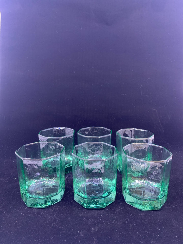 6PC CLEAR GREEN OCTAGON GLASSES.