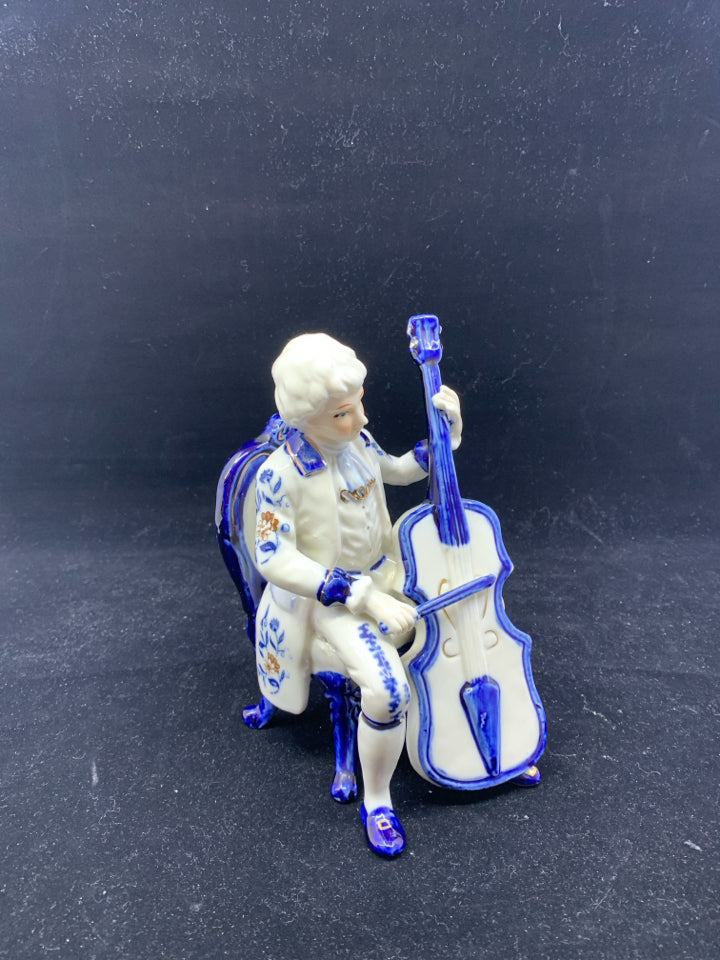 VTG BLUE AND WHITE VICTORIAN MAN PLAYING CELLO.