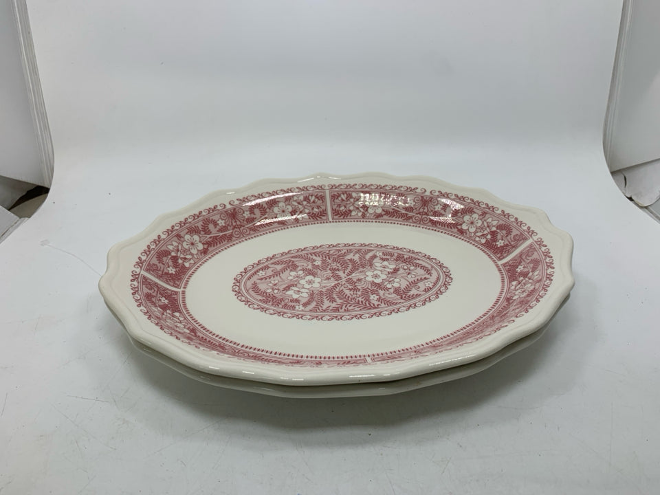 2 VTG OVAL RED DETAILED SHALLOW SERVING BOWLS.