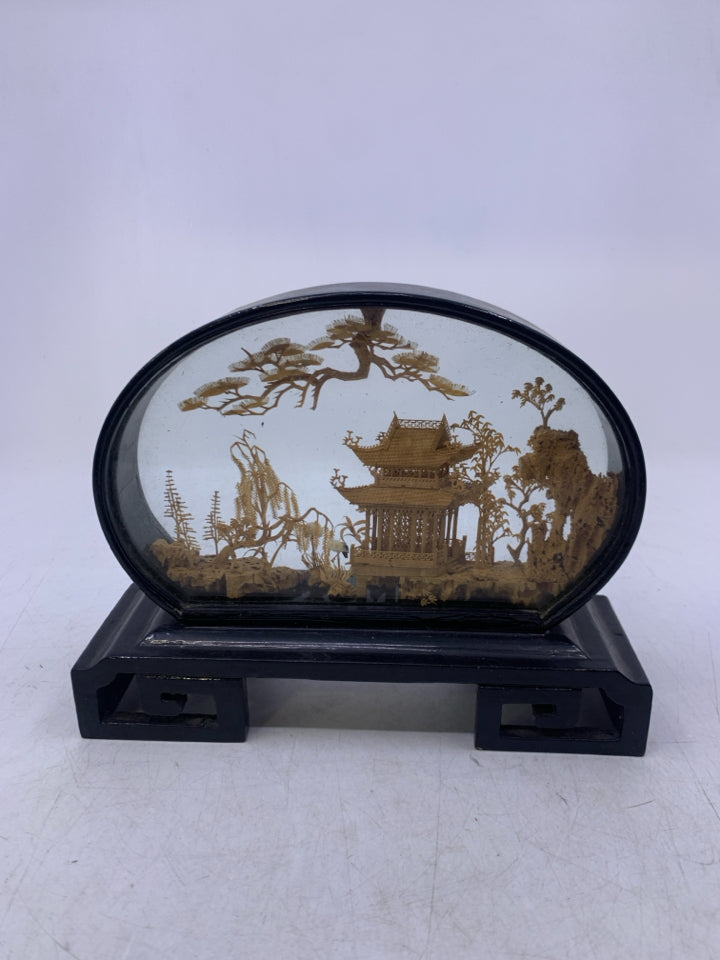 ASIAN STYLE 3D BAMBOO VILLAGE IN BLACK DISPLAY CASE.