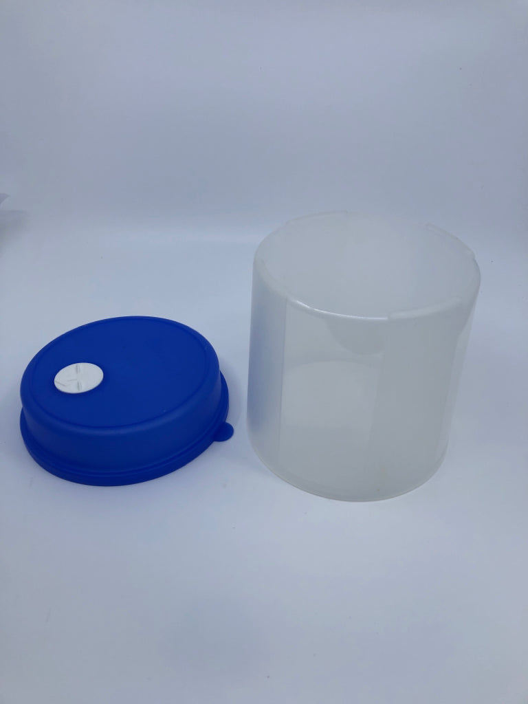 CYLINDER CONTAINER W BLUE LID AND WHITE TIMER.