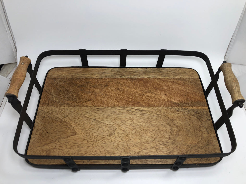 WOODEN AND METAL TRAY W/HANDLES.