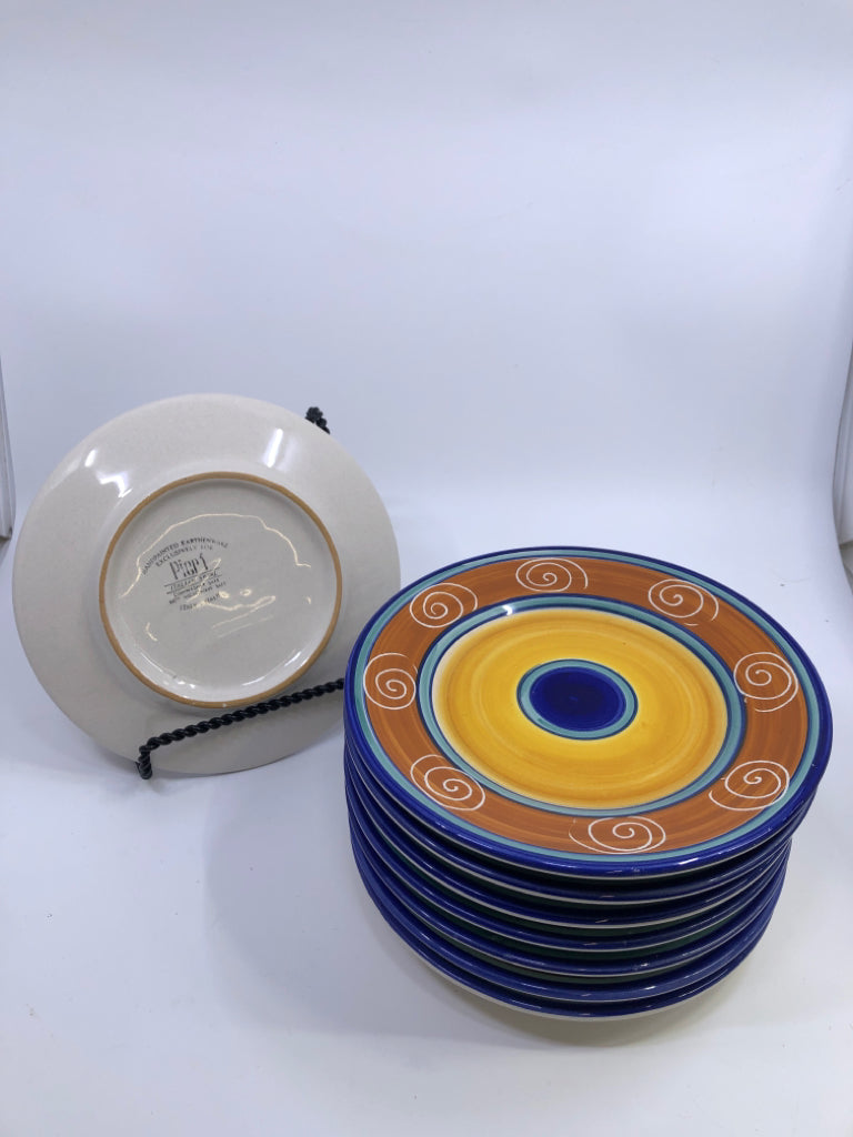 8 BLUE BROWN/TEAL/GOLD DESIGN DESSERT PLATES.