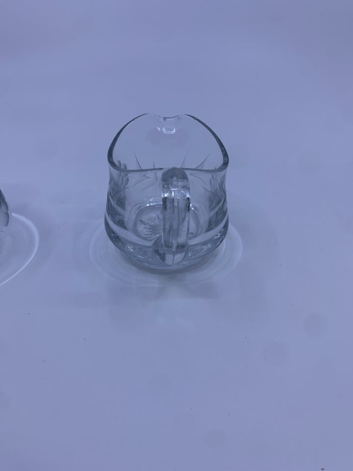 ETCHED GLASS CREAMER AND SUGAR SET.