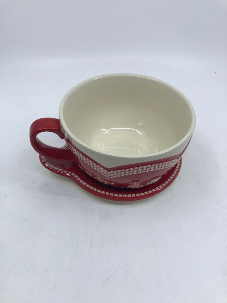 2 PC RED/CREAM COFFEE MUG AND SAUCER ROOSTER.