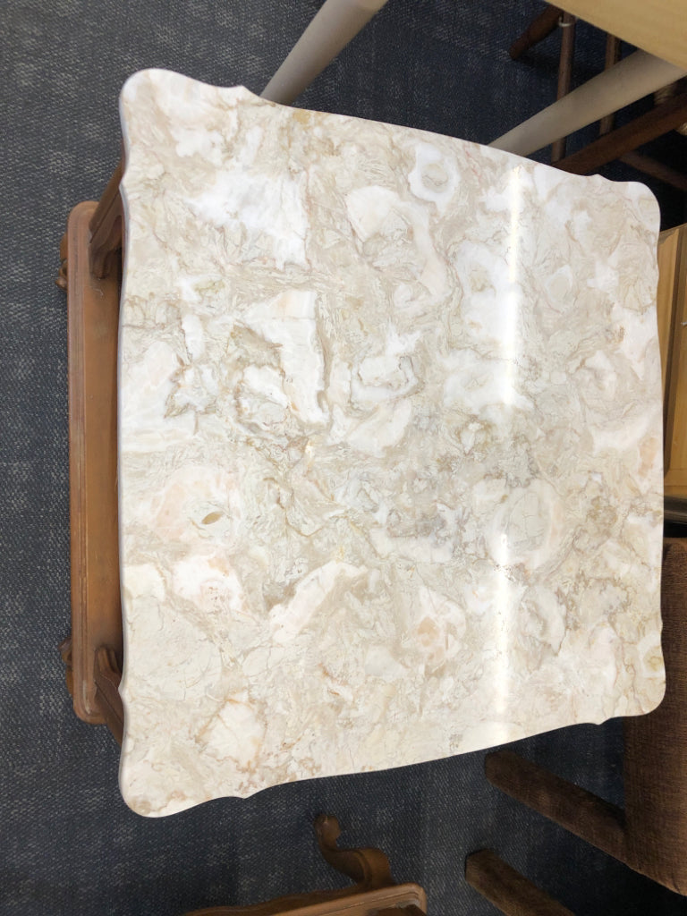 VTG WOOD SQUARE SIDE TABLE W MARBLE TOP AND BOTTOM SHELF.