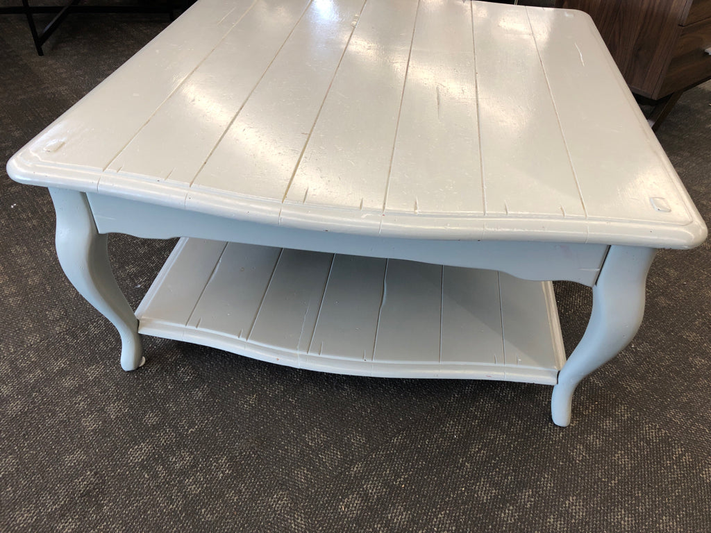 LIGHT BLUE PAINTED 2 TIER COFFEE TABLE W/ DRAWER.