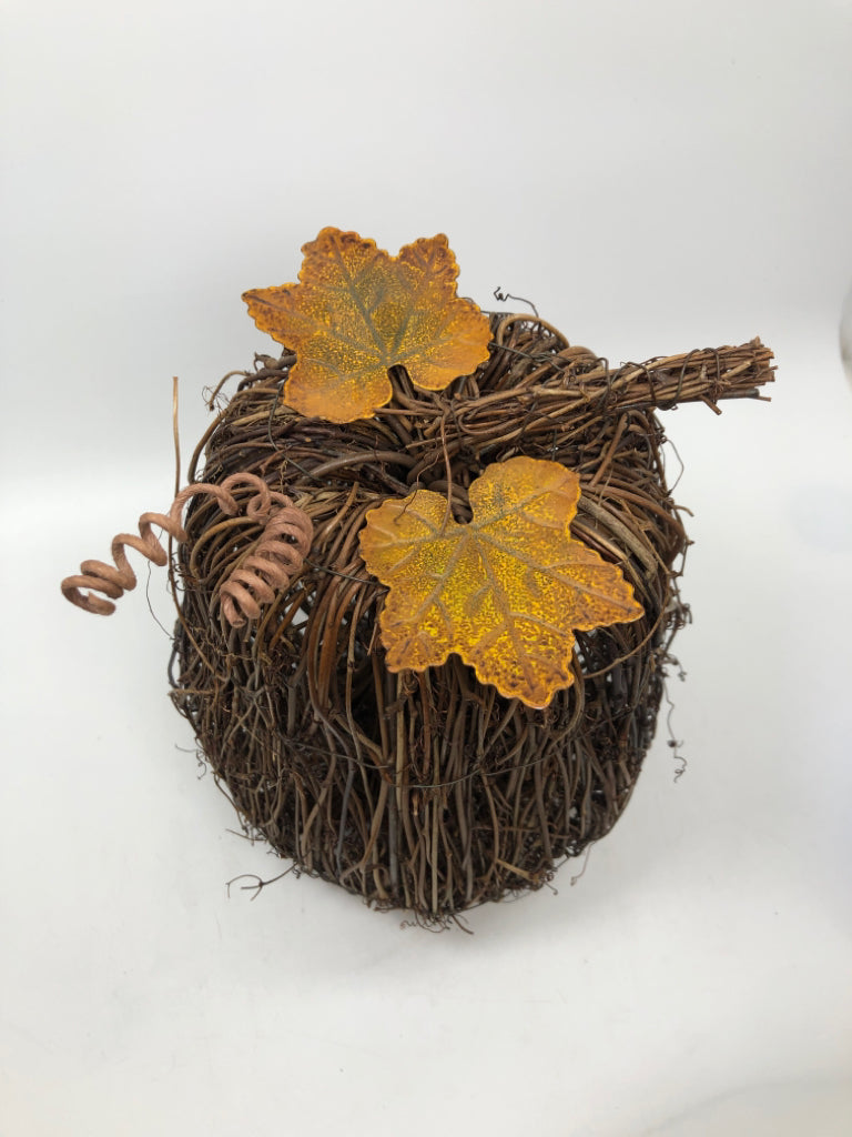 TALL TWIG PUMPKIN W/METAL LEAVES.