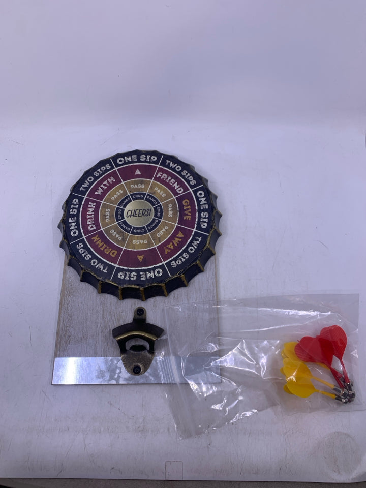 METAL BOTTLE CAP DART BOARD DRINKING GAME W/ BOTTLE OPENER + DARTS IN BAG.