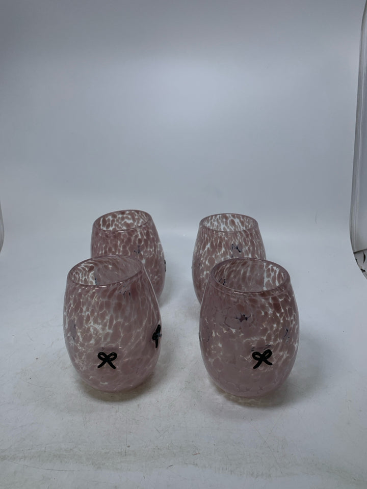 4 STEMLESS PINK SPECKLED W/ FUSED BLACK BOWS WINE GLASSES.