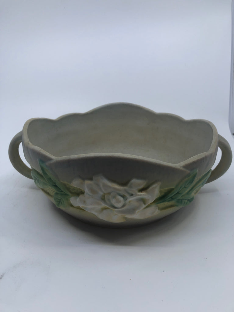 VTG WHITE EMBOSSED FLOWERS CONSOLE BOWL W 2 HANDLES.