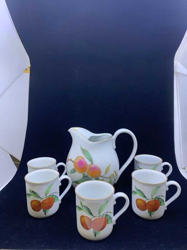 6 PC SET WHITE PITCHER W/ FRUIT AND GOLD RIM AND CUPS.