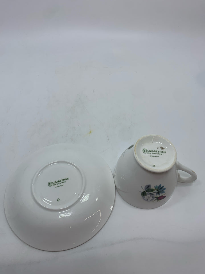 VTG BURGUNDY ROSES/BLUE DAISIES CUP/SAUCER.