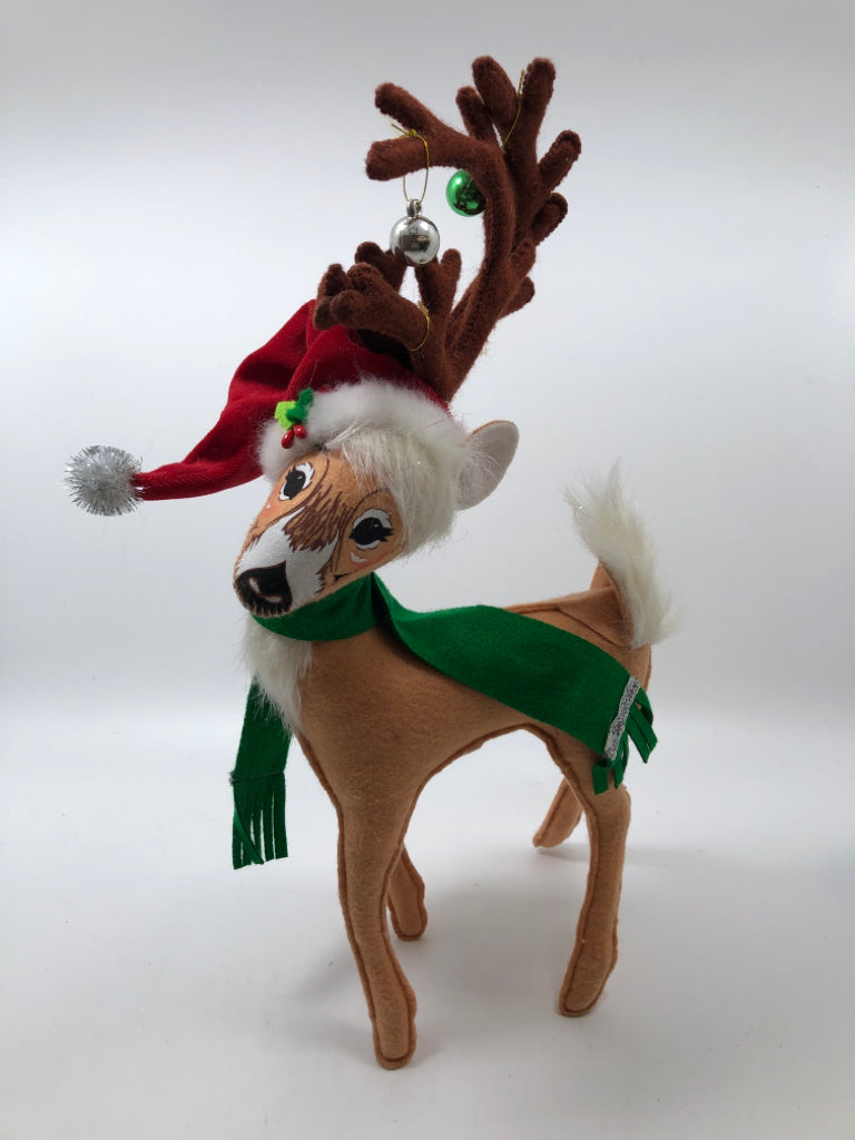 ANNALEE REINDEER W/ SANTA HAT & GREEN SCARF.