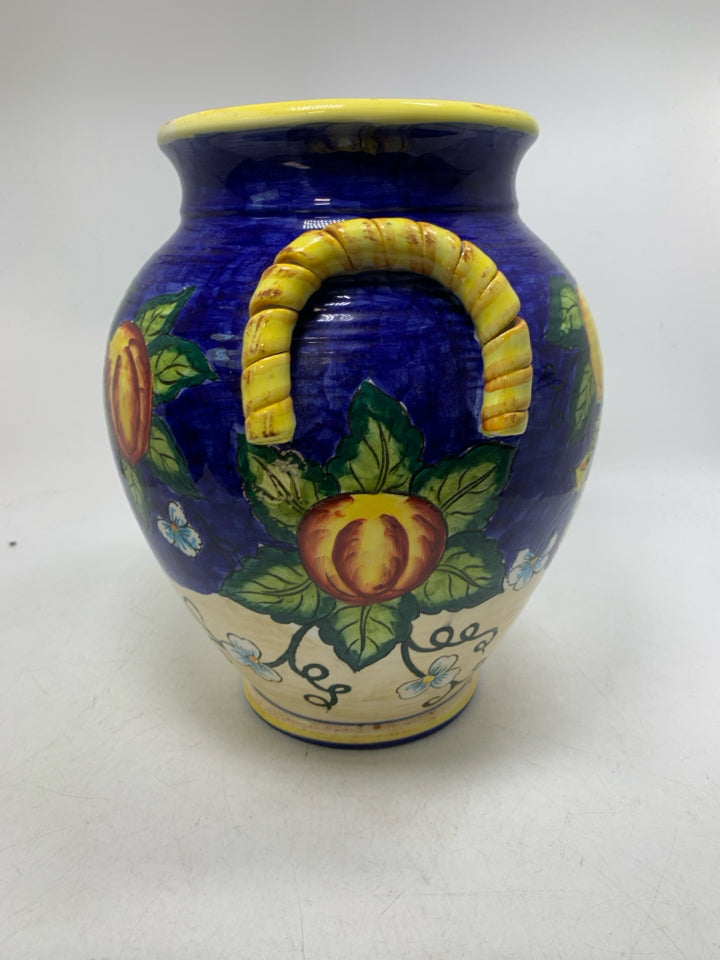 LARGE CERAMIC COBALT BLUE YELLOW URN VASE W/ PAINTED LEMONS.