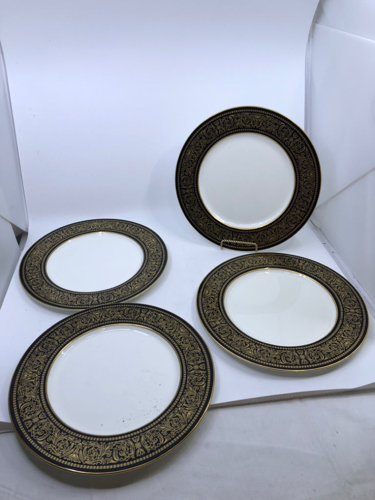 4 VTG BLACK AND GOLD ACCENT DINNER PLATES.