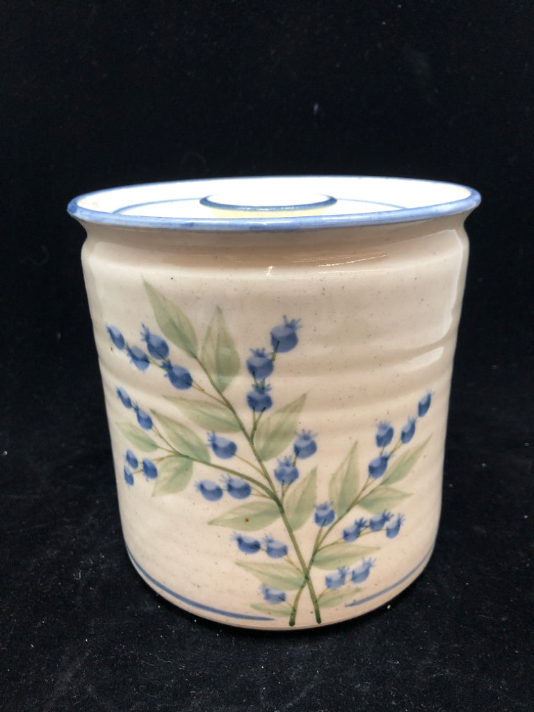 BLUEBERRY PAINTED STONEWARE CANISTER W/LID.