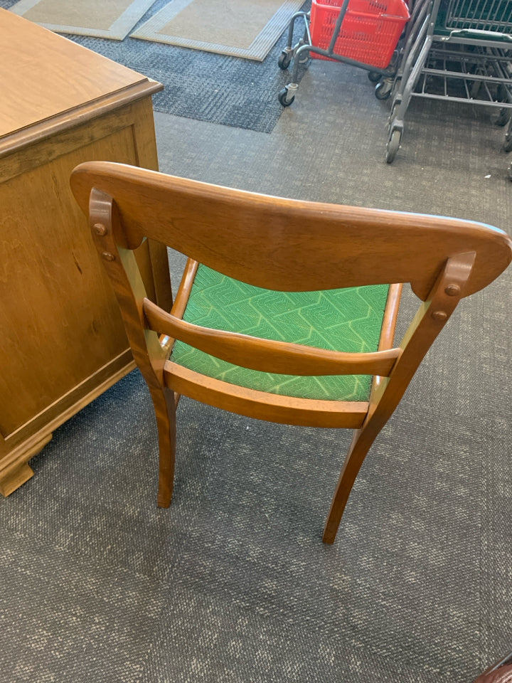 MADDOX VTG SOLID WOOD DESK + GREEN FABRIC CHAIR.