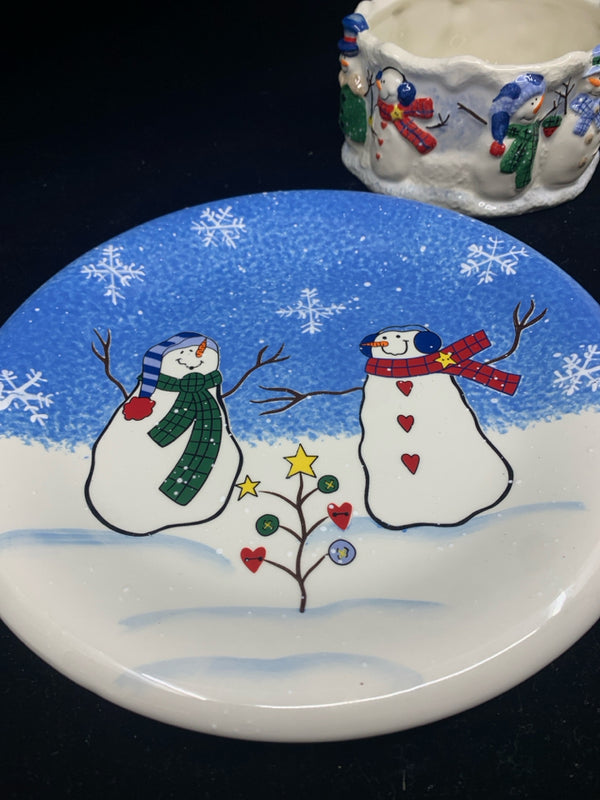 3 PC SNOWMAN CHEESE AND CRACKER DISH W SPREADER.