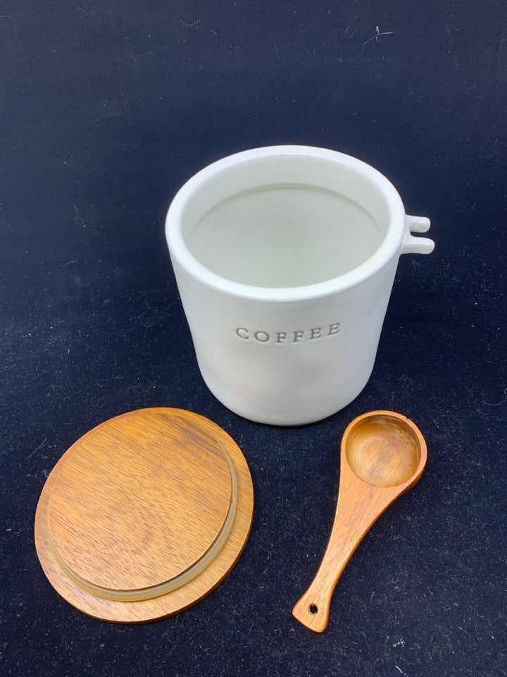 WHITE W/ WOOD LID COFFEE CANISTER W/SPOON.