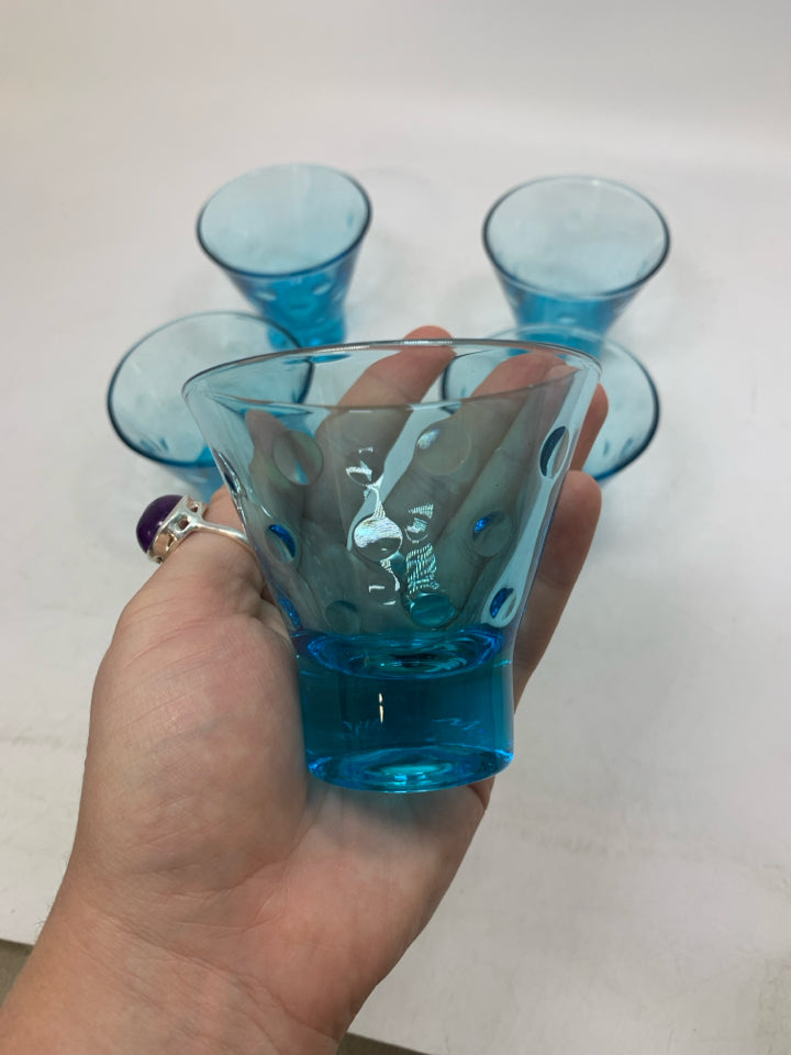 5 VTG FOOTED LIGHT BLUE CORDIAL GLASSES W/ EMBOSSED CIRCLES 3 "H