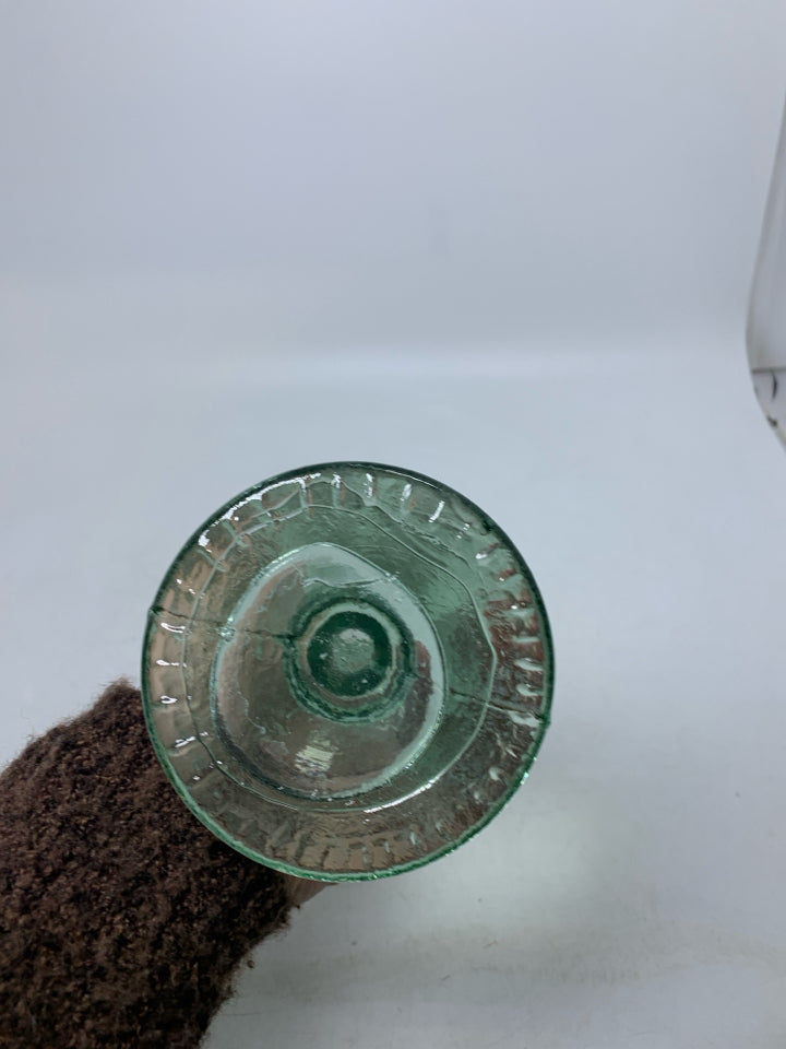 THICK GREEN TINTED GLASS TABLE CANDLE HOLDER.