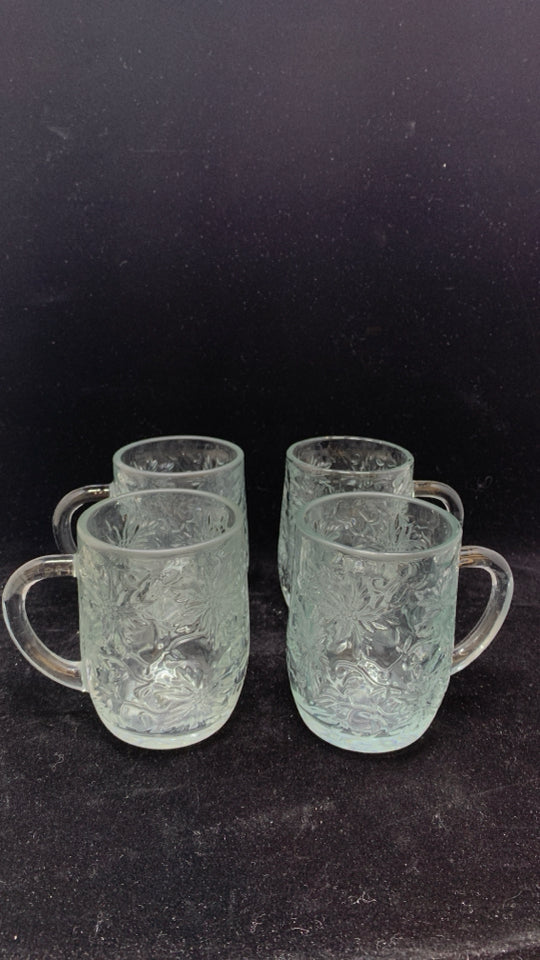 4 FLOWER FANTASIA EMBOSSED CUT GLASS MUGS.