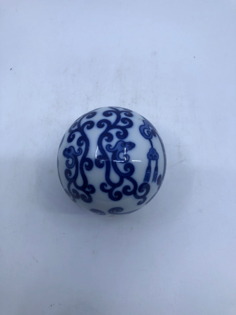 6 DECORATIVE BLUE & WHITE BALLS-ASSORTED DESIGNS.