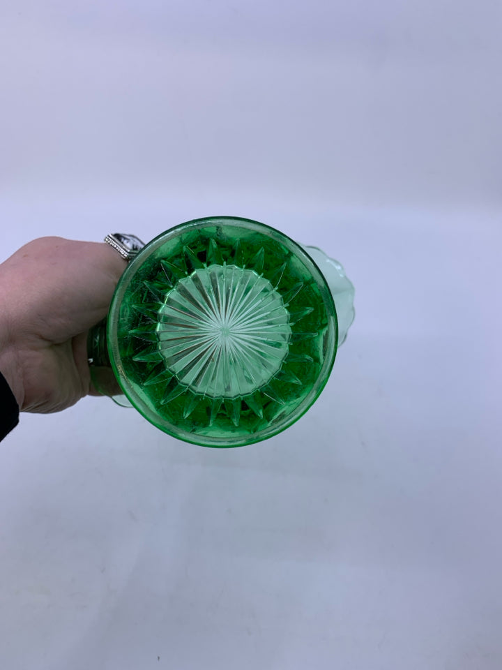 VTG GREEN GLASS BASKET W/ FLORAL ETCHING.