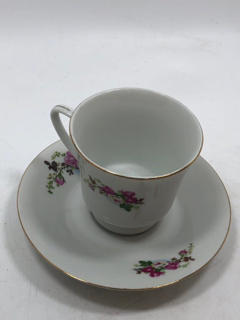 PINK FLORAL TEACUP/SAUCER.