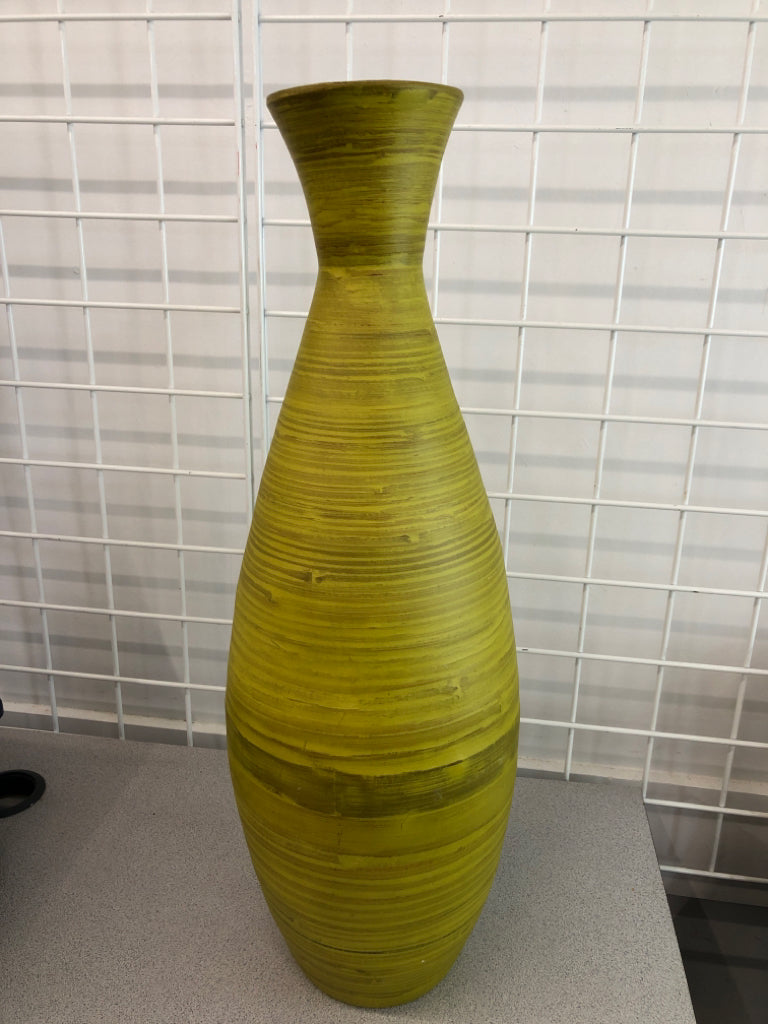 GREEN PAINTED LIGHT WOODEN VASE.