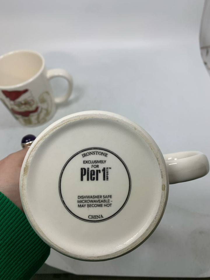 2 PIER ONE WHITE CAT W/ GLASSES IN SANTA HAT MUGS.