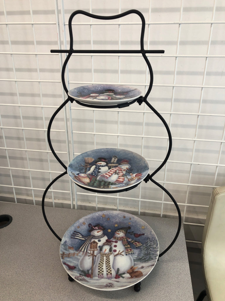 3 TIER SNOWMAN SHAPED SERVING TRAY W/3 SNOWMAN DISHES.