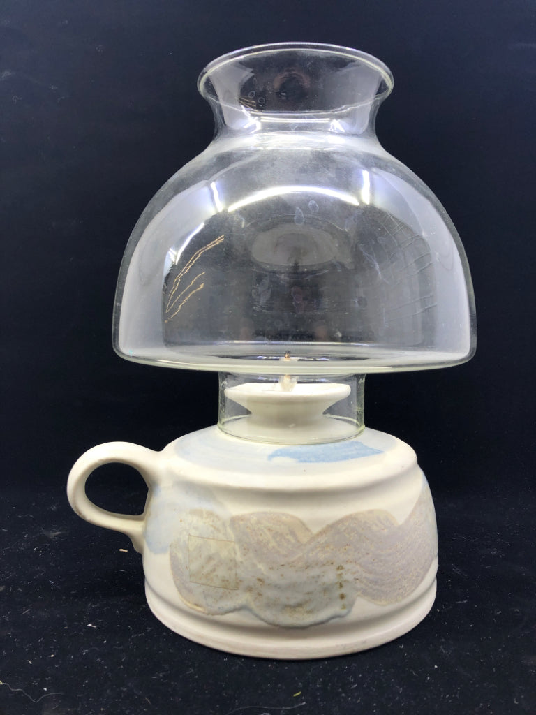 CREAM W GREY AND BLUE POTTERY OIL LAMP.