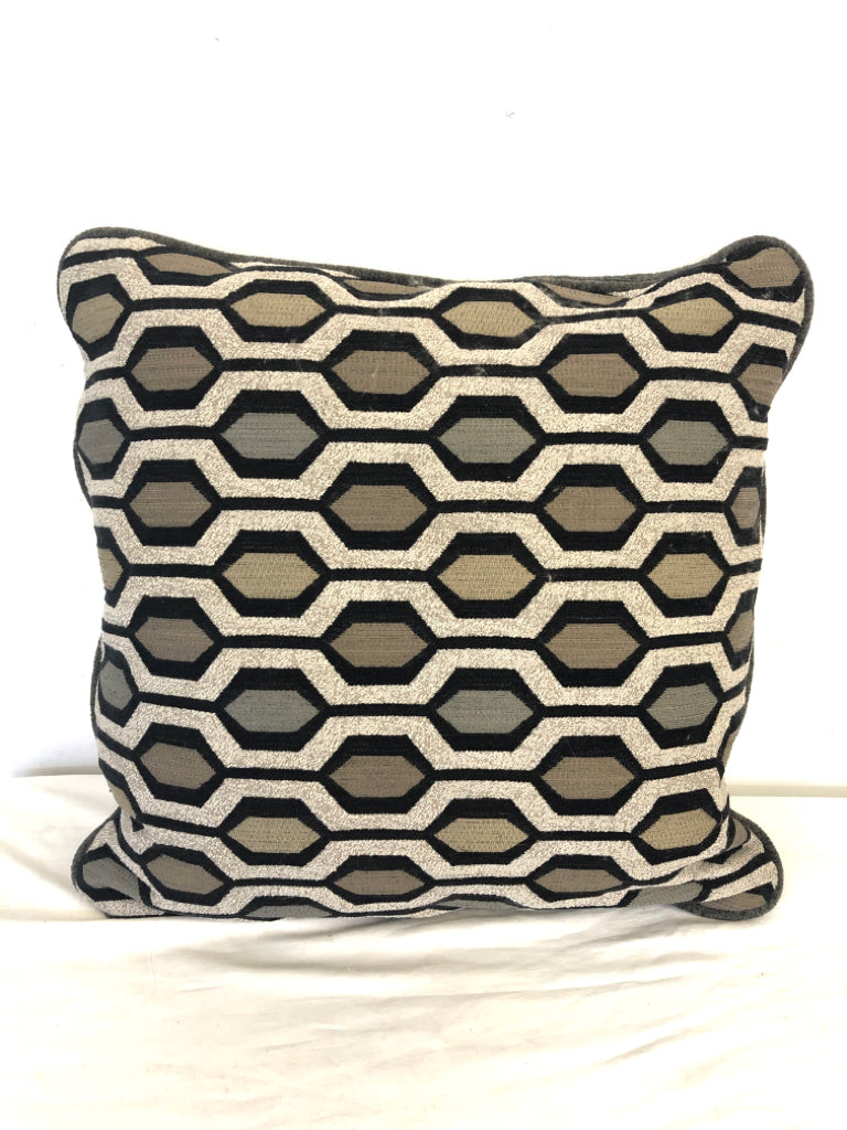 GRAY WITH GOLD,BROWN,GREEN,BLACK HEXAGON SHAPES PILLOW.