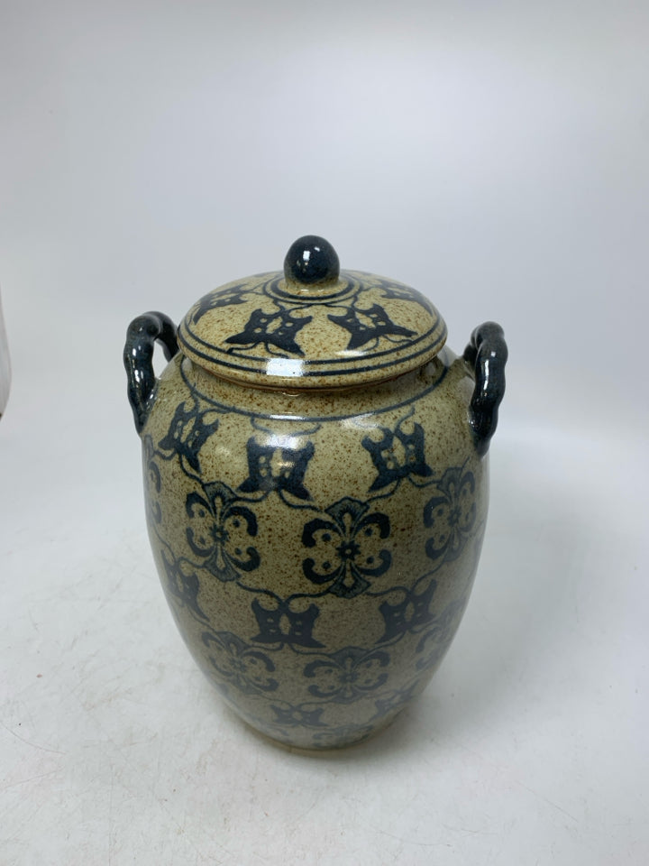 DARK SPECKLED GINGER JAR W/ NAVY DESIGNS.