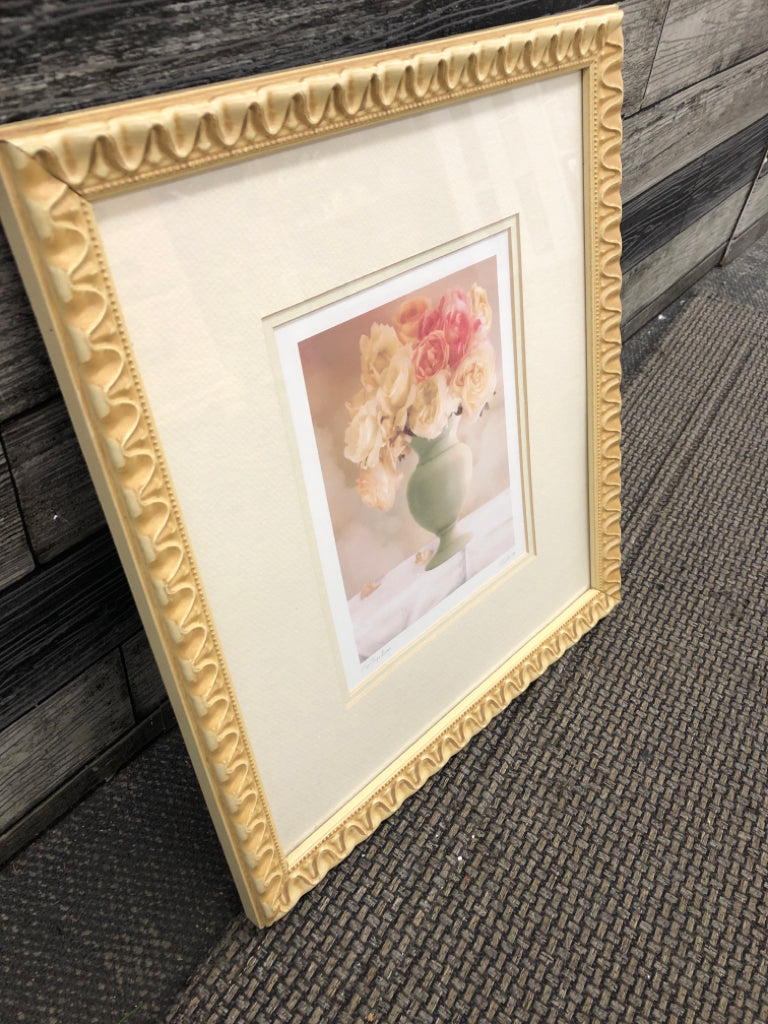 PINK BOUQUET PRINT- CREAM SCROLL FRAME.
