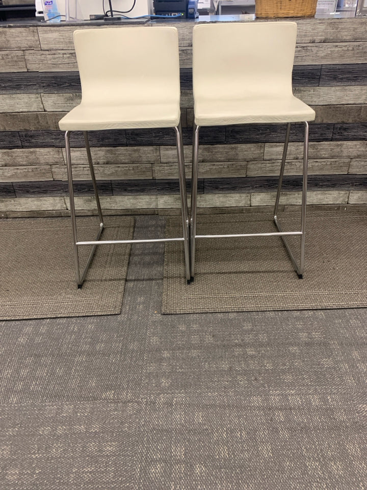 2 WHITE FAUX LEATHER STOOLS.