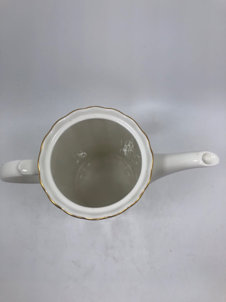 MIKASA WHITE RIBBED COFFEE POT W/GOLD RIM.