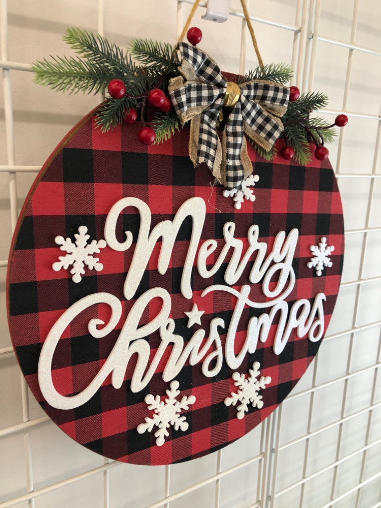 RED PLAID CIRCLE MERRY CHRISTMAS SIGN.